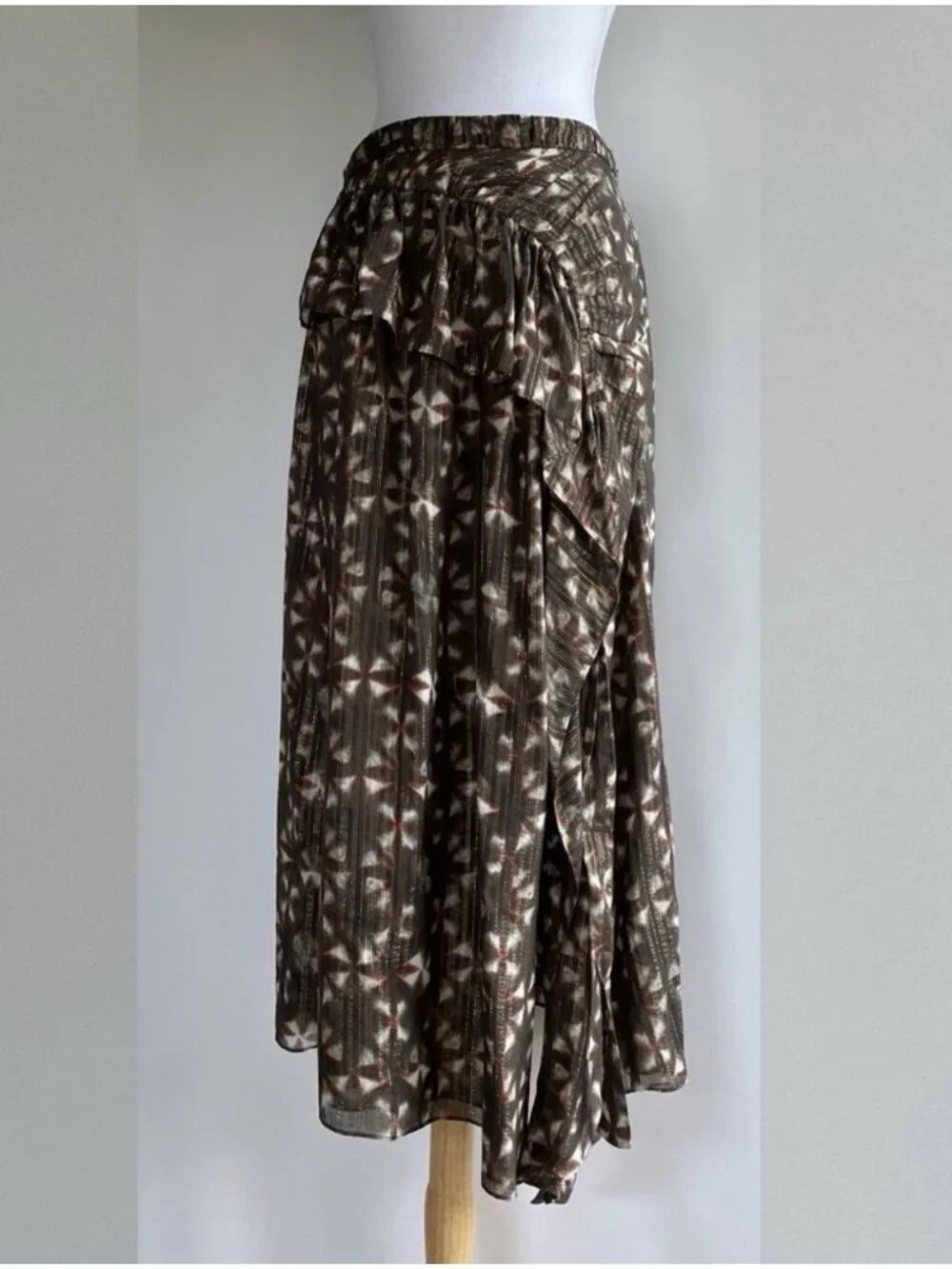 NWT Ulla Johnson Ruffle Maxi Skirt Women 0 Sofia Olive Prism Silk Brown Metalic